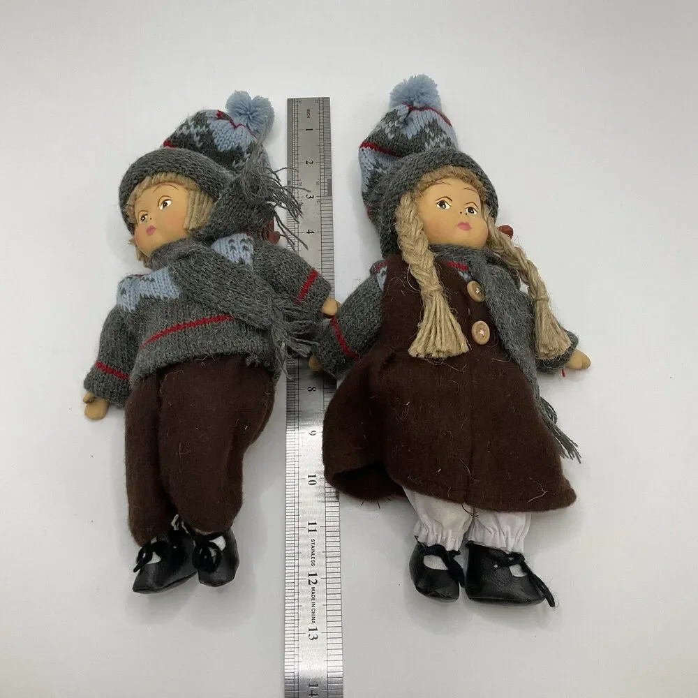 BVintage Norwegian Pair Porcelain Beanbag Boy & Girl Dolls Skiing Winter 12